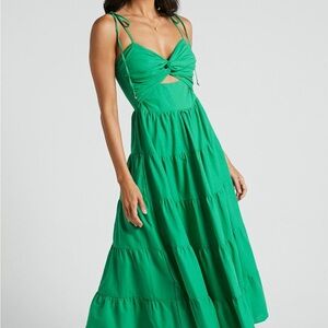 SHOWPO LETICIA MIDI DRESS - TWIST FRONT TIE STRAP TIERED DRESS IN GREEN💚